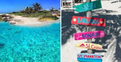 a caribbean island with aqua colored water, signs for various caribbean islands