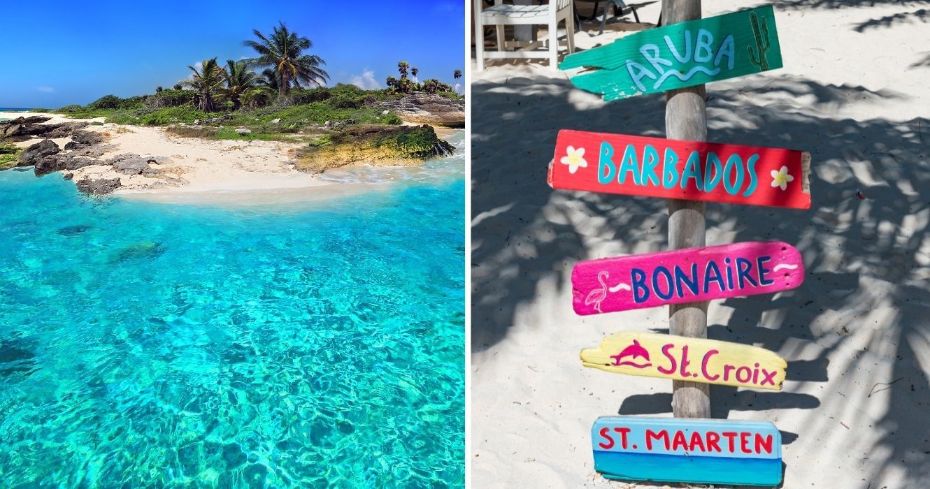 uma ilha caribenha com água cor de água, sinais para várias ilhas do Caribe
